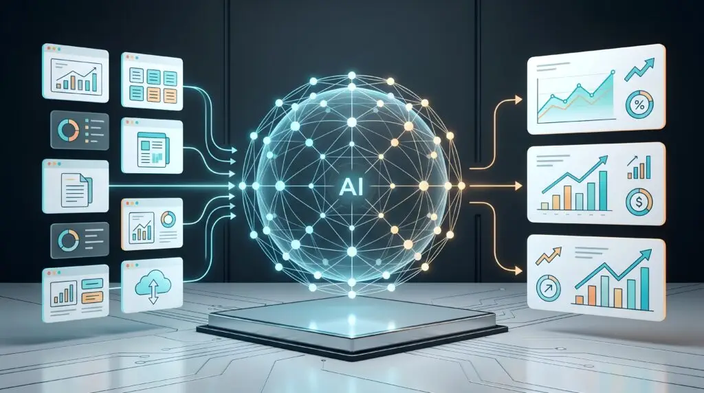 Business data sources flowing into an AI hub and out to reports and insights