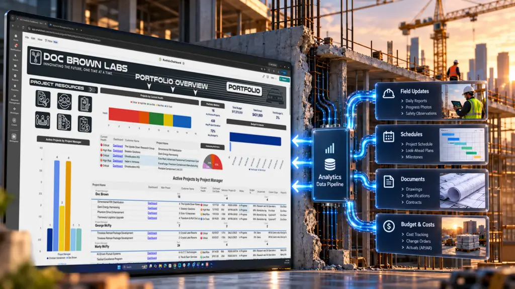Portfolio dashboard connected by data pipelines to field updates, schedules, documents and budget data