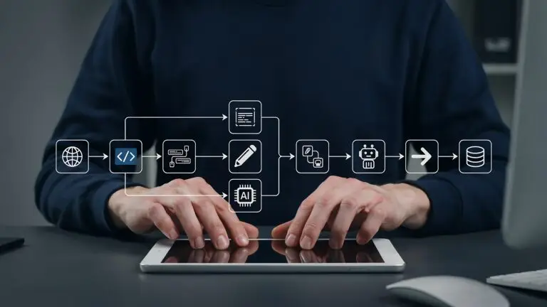Connected business systems illustrated as linked workflow icons