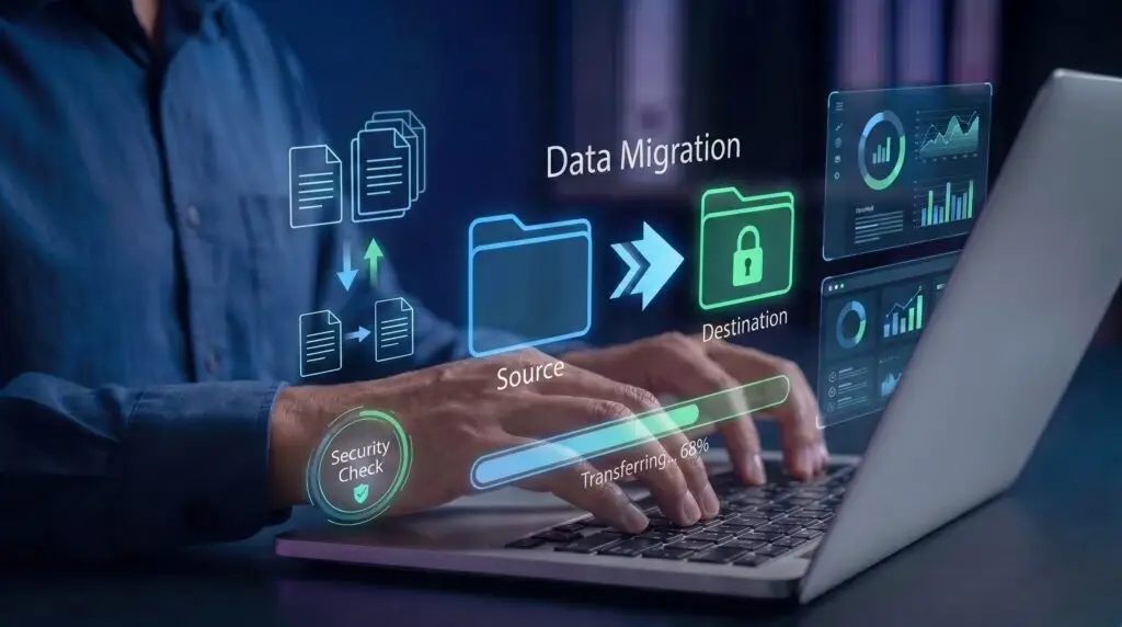 Data migration illustration moving files between environments