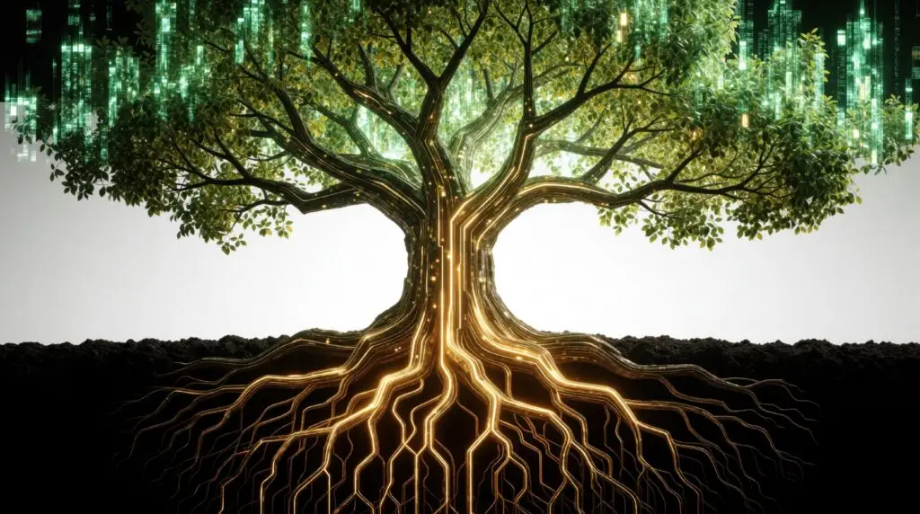 Tree with deep roots and a digital canopy, representing a solution built on a strong foundation